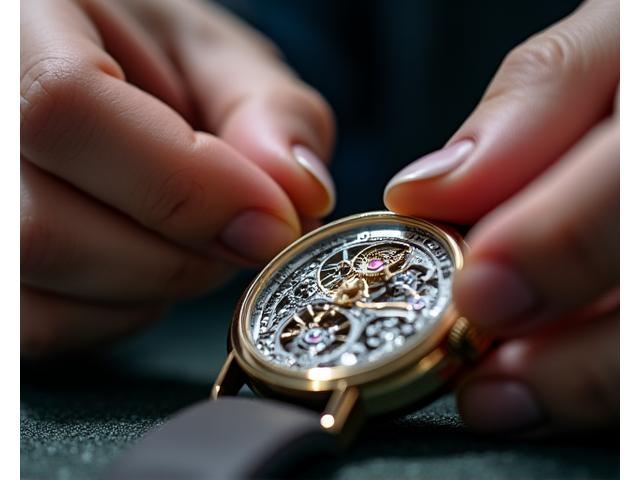 Close-up of a master watchmaker meticulously working on a complex mechanism, symbolizing precision and bespoke craftsmanship.