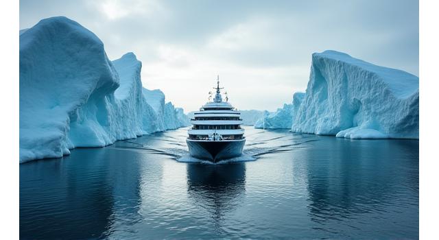 Expedition ship navigating through icy waters in Antarctica with towering icebergs under a dramatic sky.
