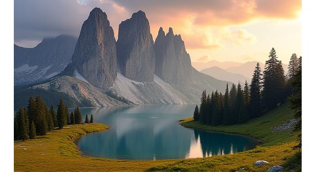 Majestic peaks of the Italian Dolomites during sunrise, with a clear mountain lake in the foreground.