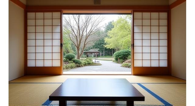 Interior of a traditional Japanese ryokan, featuring a minimalist design, tatami mats, and a serene garden view.