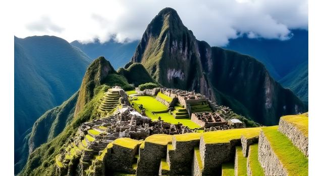 The ancient Inca citadel of Machu Picchu perched high in the Andes mountains of Peru, surrounded by lush green peaks.