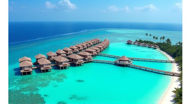 Overwater bungalows stretching out into crystal clear turquoise waters in the Maldives, under a bright blue sky.