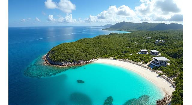 Panoramic view of Necker Island, a private luxury retreat in the Caribbean with turquoise waters and lush greenery.