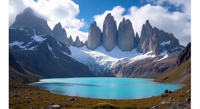Dramatic Torres del Paine mountains in Patagonia, Chile, with a serene lake in the foreground and clear skies.