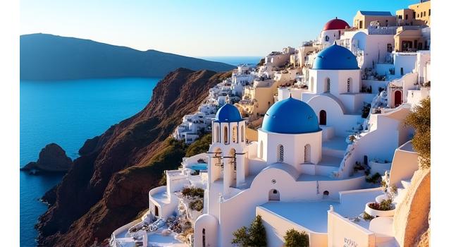 Iconic white-washed buildings with blue domes cascading down cliffs overlooking the Aegean Sea in Santorini, Greece, at sunset.