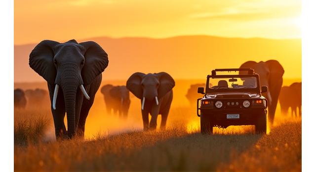 A herd of elephants walking across the vast plains of the Serengeti at sunset, with a classic safari jeep in the distance.