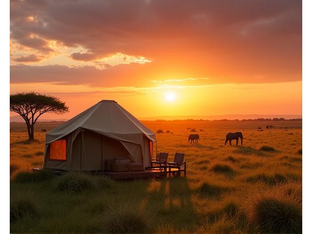 Luxury safari tent at sunrise in Tanzania