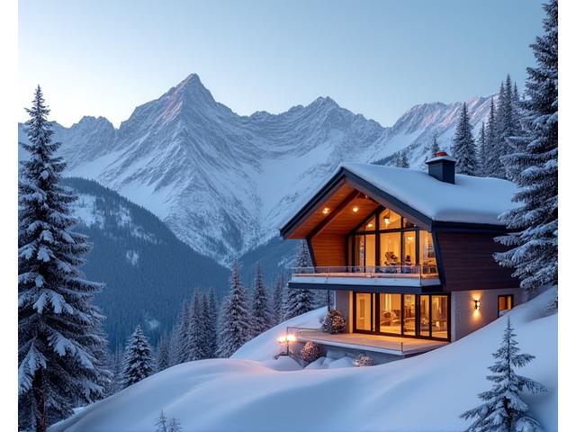 Chalet in the Swiss Alps, snow-covered mountains