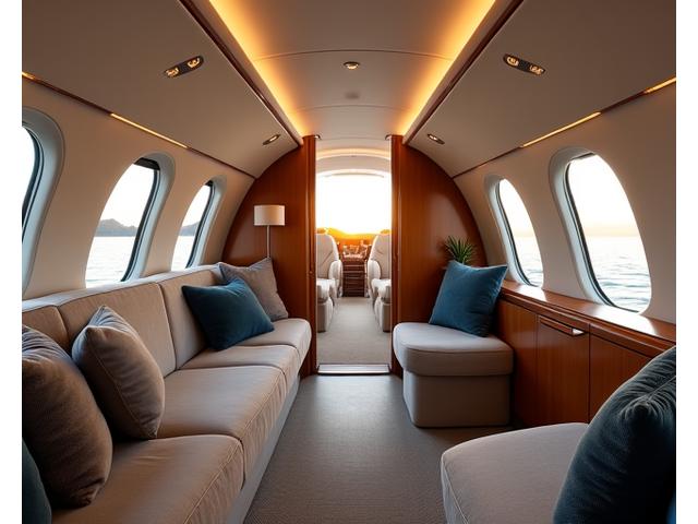 Luxury jet interior with opulent seating or a sleek superyacht navigating crystal waters